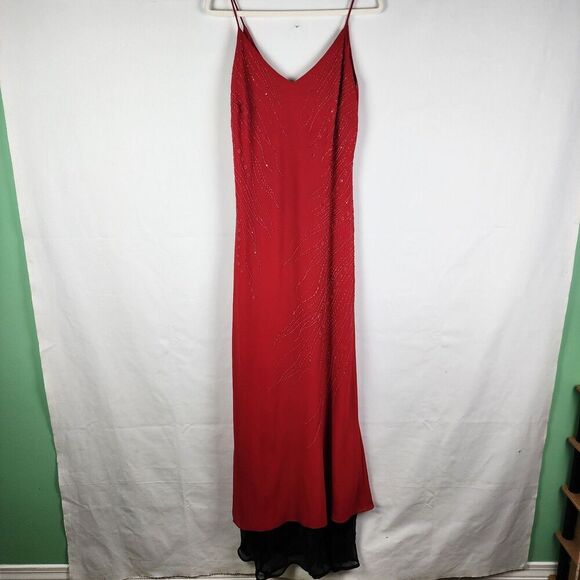Vtg Lets Fashion Red Beaded Gown Bottom Black Chiffon Size XL 90s Y2k Vampire - Picture 1 of 7
